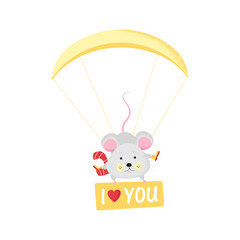 Isolated cute cartoon Mouse flying with parachute