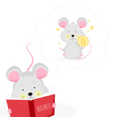 Isolated cute cartoon Mouse reading a business book