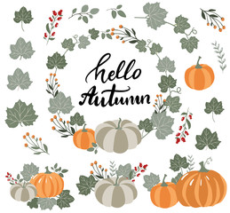 Autumn atmosphere set of elements, autumn hot drinks, pumpkin, leaves, lantern, fruits, animals in modern hand drawn vector style. Fall lettering and illustration collection