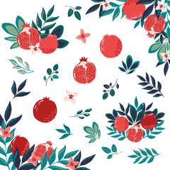 Set of vector illustration of pomegranate fruit, leaves and branches in modern sketch style. Hand drawn collection of borders and bouquets with pomegranates for cards, banners, flyers decoration