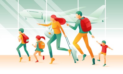 Plakat Cartoon Family in Hurry Airport Terminal Window Vector Illustration. Father Mother Son Daughter in Departure Hall. Man Woman Girl Boy with Baggage. Travel, Summer Vacation, Trip. Tourism Tour