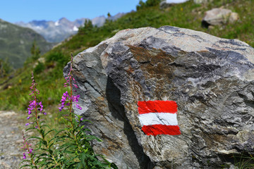 Alpine hiking trail in Austria, marked with painted Austrian flag on solid rock along the route.