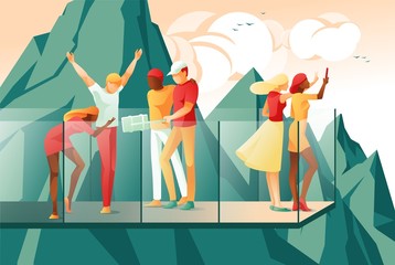 Cartoon People Observation Deck Make Picture Selfie Mobile Phone Vector Illustration. Mountain Range View Point. Man Woman Friends Tourist Sightseeing. Nature Rock Landscape. Tourism Tour Travel