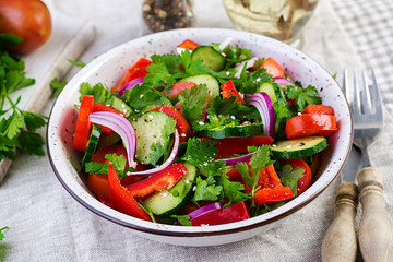 Tomato and cucumber salad with red onion, paprika, black pepper and parsley. Vegan food. Diet menu.