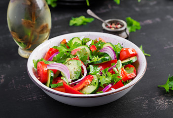 Tomato and cucumber salad with red onion, paprika, black pepper and parsley. Vegan food. Diet menu.