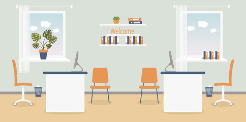 Interior of working place in the office on the light grey background. Vector illustration. Furniture: table, chair, shelf with folders and books.Wall clock,monstera,window,bin. For advertising,sites