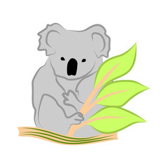 Simple vector doodle koala sitting on a branch. Clipart of a cute marsupial Australian animal holding a green branch with its paws