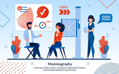 Informative Flyer Mammography Inscription Flat. Woman Sits in Doctors Office and Discusses Analysis. Girl is Afraid Medical Procedure, there are Nurse and Doctor Nearby. Vector Illustration.