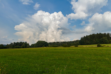 Fototapeta na wymiar Amazing cloud with blue sky, summer czech meadow with trees, Sumava national park