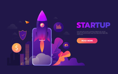 Start up business concept for mobile app development or other disruptive digital business ideas. Cartoon rocket launching from smart phone tablet