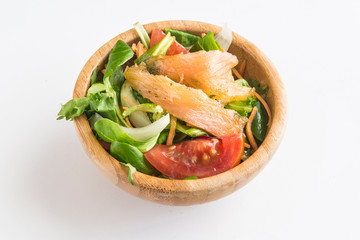 Salad with salmon, tomato, onion, carrot