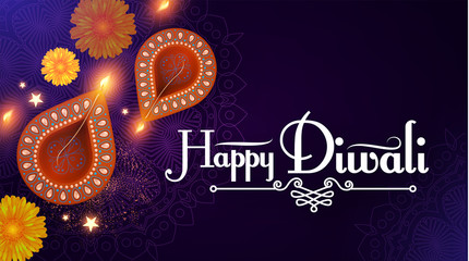 Diwali Festival design template. Holiday poster with burning diya lamps and flowers.