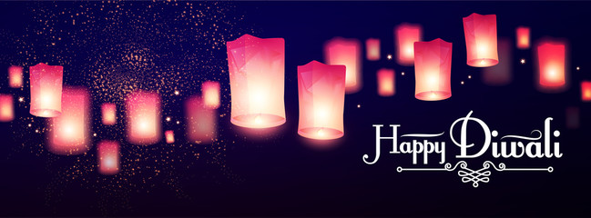 Happy Diwali Holiday background with flying sky lamps. Indian holiday. © feaspb