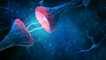 Illustration of synapse and neuron on a blue background. - obrazy, fototapety, plakaty