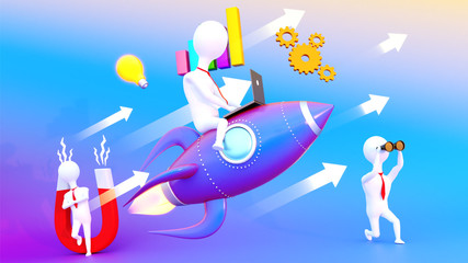 3D render of business peoples with laptop, rocket and business elements such as magnet, bar graph, binoculars, light bulb on gradient background.