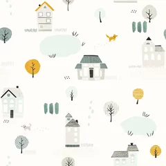 Fototapeten Seamless pattern with houses, trees, dogs and lakes, texture landscape in retro flat style. Vector print in pastel colors. © Nikole