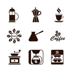 Coffee shop set of brown icons. Silhouette vector isolated illustration