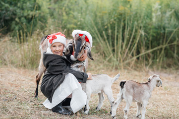 funny goat and girl with a red santa cap