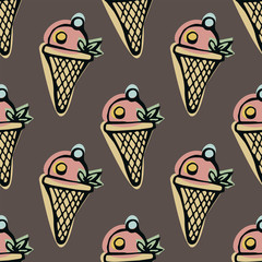 Ice cream cone seamless pattern on a brown background. Hand drawn retro style vector illustration.