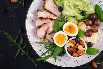 Ketogenic diet. Keto brunch. Boiled egg, pork steak and olives, cucumber, spinach, brie cheese, nuts and blueberry. Top view