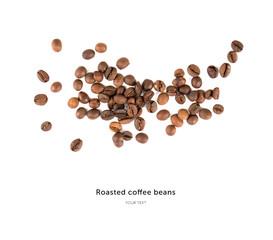 Roasted brown coffee beans scattered isolated on white background with a lot copy space for text. Flat lay composition. Close up, top view, background