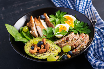 Ketogenic diet. Buddha bowl dish with meatloaf, chicken meat, avocado, berries and nuts. Detox and healthy concept. Keto food.