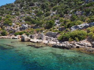 Sunken city ruins of Simena, which is a famous historical and touristic site in the south of Turkey.