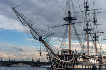 large sailing ship moored on the Neva River in St. Petersburg, Russia