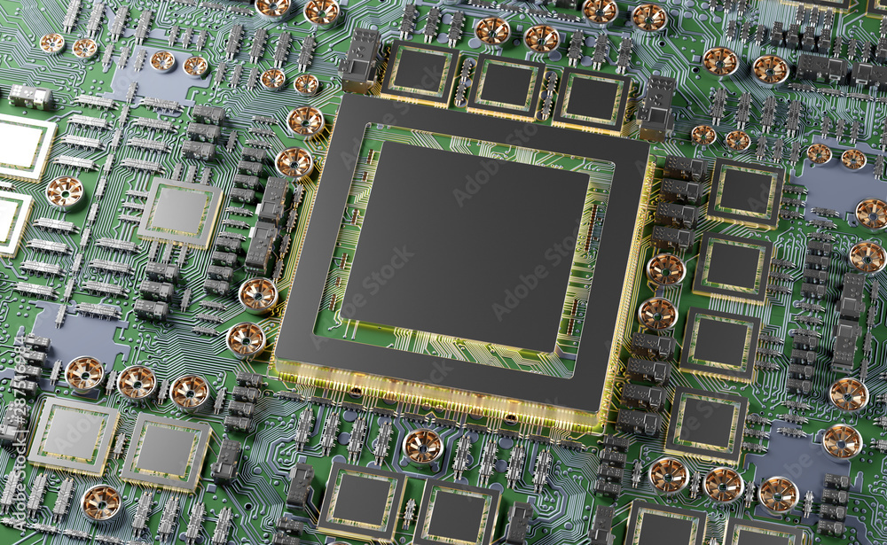Fototapete close-up view of a modern gpu card with circuit 3d rendering