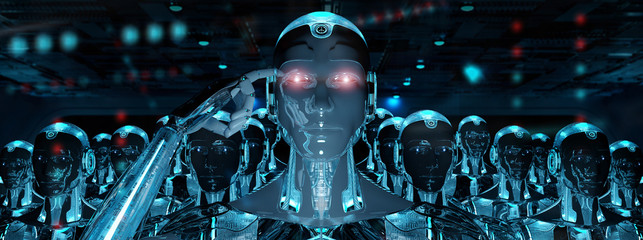 Group of male robots following leader cyborg army 3d rendering