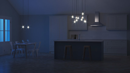 The interior of the kitchen in a private house. White kitchen with a blue island. Night. Evening lighting. 3D rendering.
