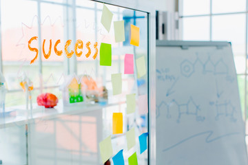 successful note business  work in modern office with post note or sticky note on door window.SME and small business concept