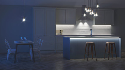 The interior of the kitchen in a private house. White kitchen with a blue island. Night. Evening lighting. 3D rendering.