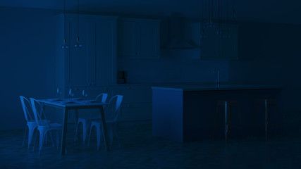 The interior of the kitchen in a private house. White kitchen with a blue island. Night. Evening lighting. 3D rendering.