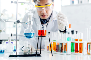 Fototapeta premium Asian man scientist with test tube making research in clinical laboratory.Science, chemistry, technology, biology and people concept