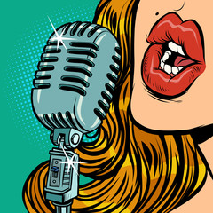 woman. vintage retro microphone. Music standup concert radio podcast blog