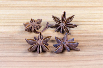 Dried star anise  fruits on the wooden surface