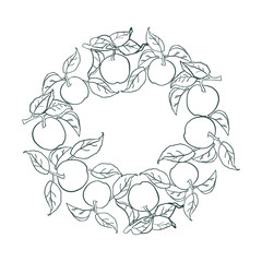 Ornament of apples and leaves. Coloring book for children and adults. Frame of apples.
