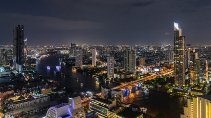 Bangkok City - Aerial view beautiful night Bangkok city downtown skyline of Thailand , cityscape at night , landscape Bangkok Thailand