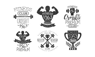 Crossfit Club Retro Labels Set, Fitness Workout Premium Emblems Vector Illustration