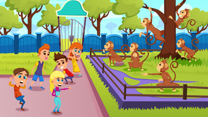 Obraz na płótnie Canvas Children Show Grimaces to Monkeys. Curious Monkeys in Aviary