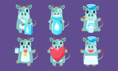 Cute Cow Character Set, Adorable Cheerful Farm Animal in Various Action Poses Vector Illustration