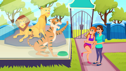 Obraz na płótnie Canvas Tiger in Glass Cage Scared Women in Zoo. Vector.
