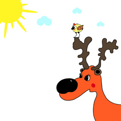 cute bird sitting on the horns of a deer in front of the bright sun. vector illustration in cartoon style
