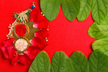 Happy Dussehra greeting card , green leaf and rice