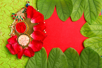 Happy Dussehra greeting card , green leaf and rice