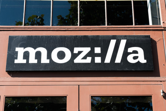 August 21, 2019 San Francisco / CA / USA - Close up of Mozilla stylized sign ( moz://a ) at their office building in SOMA district;  Mozilla is a free software community