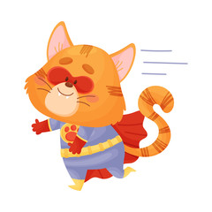 Cartoon cat superhero runs. Vector illustration on a white background.