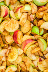 Sliced red and green apples are prepared for drying.