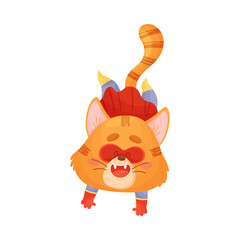 Cartoon cat superhero jumping down. Vector illustration on a white background.